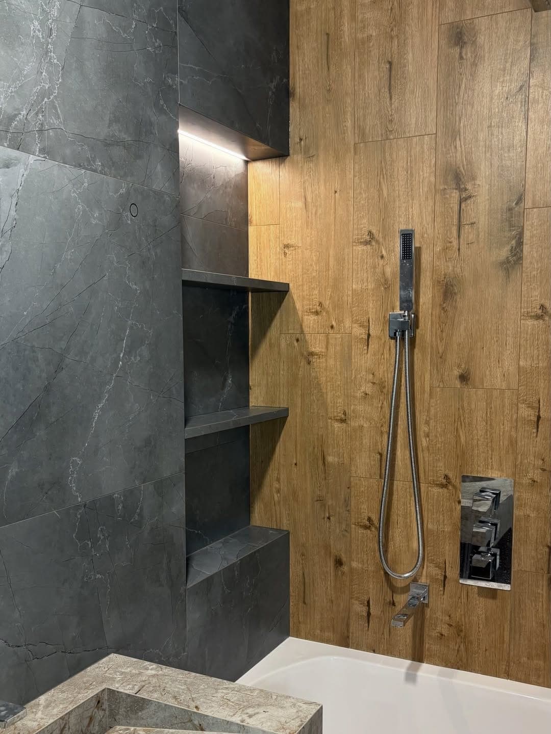 Stone & wood shower