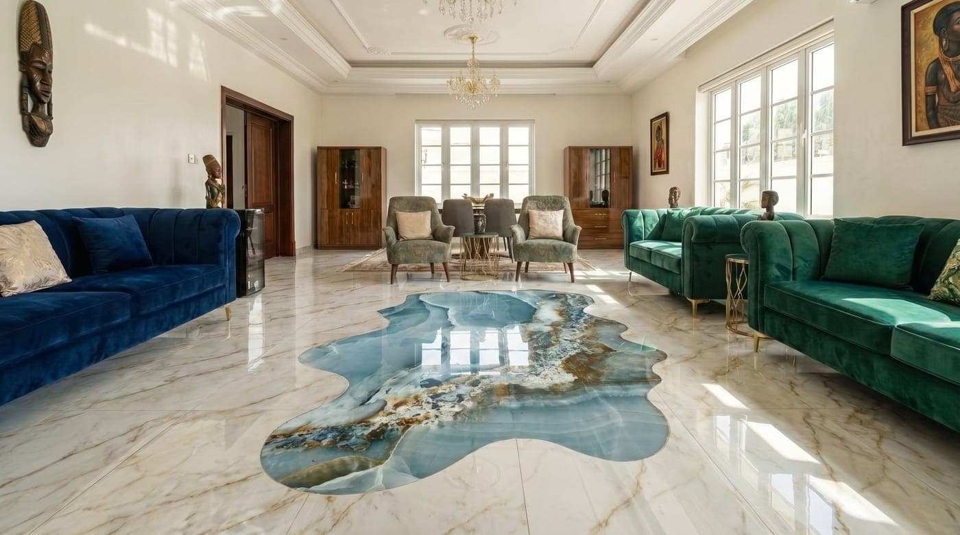 Elegant Lagos living room finished with TilesMaison marble-effect porcelain flooring